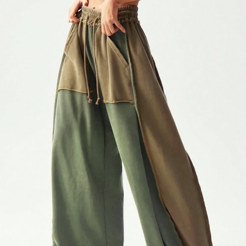 Multicolor Casual Women's Knit Patchwork Loose Wide Leg Washed Pants - Picture 4 of 7